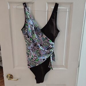 IT FIGURES BROWN FLORAL OVERLAY BATHING SUIT, SWIMWEAR SZ 14 FULL COVERAGE